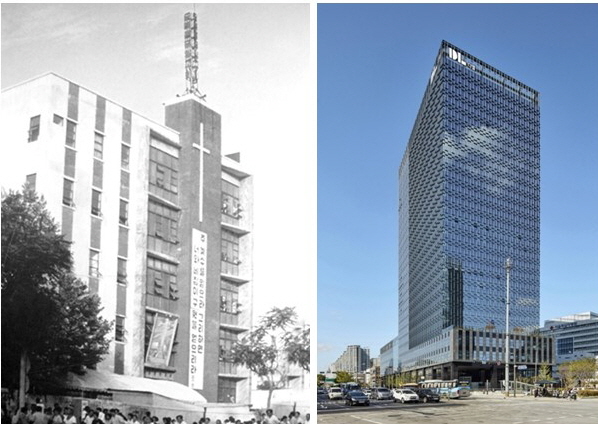 왼쪽은 예전 기하성 서대문 총회 회관과 사진, 오른쪽은 현재의 DL빌딩